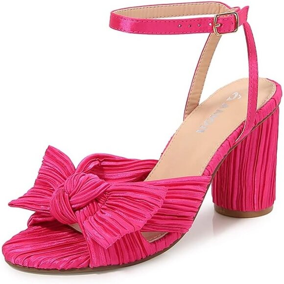 🆕 Women Pink Ankle Strap Bowknot Chunky Wedding Party Dress Shoes Heeled Sandal - Picture 1 of 9
